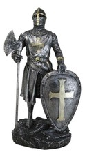 Medieval Suit Of Armor Crusader Knight With Axe And Large Shield Figurine picture