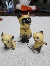 3 Vintage Siamese Cat Figurine Japan Blue Eyes Family Kittens w/ Chain -rare 27 picture