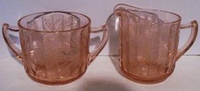 Vtg Jeannette Glass Floral or Poinsettia Pink Depression Sugar + Creamer Set picture