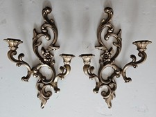 Pair 1959 Syroco Hollywood Regency Gold Wall Sconces Double Candle Holders MCM picture