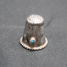 Vintage Navajo Sterling Silver Turquoise Hand Stamped Sewing Thimble-Heavy 4g picture
