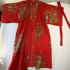 True Vintage Japanese Kimono Red Floral Polyester Long Lightweight Belt Lounge picture