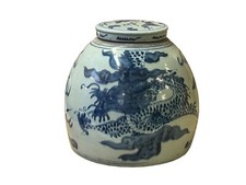 Vintage Oriental Blue White Dragon Flat Base Round Porcelain Ginger Jar ws4831 picture