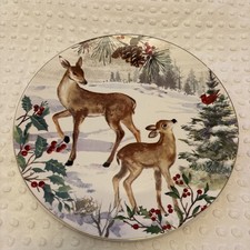 Robert Stanley Deer Fawn Christmas 10.5 In Plate Gold Trim Cardinal Holly Woods picture