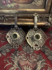 Antique BRASS CANDLE Holders w FACES Nouveau Euro Renaissance Revival Vintage picture