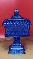 Vintage Jeannette Glass ‘Wedding Cake Box’ Cobalt Blue Pedastal Candy Dish picture