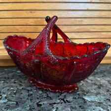 Fenton Ruby Red Glass Basket Small Daisy Pattern Split Twig Handle picture