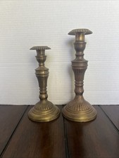 Vtg Pair Of  Baluster-Ribbed-Step Candlesticks Antique Brass  (8”-10”Pair) Taper picture