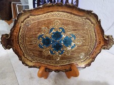 Vintage Italian Florentine Wood Serving Tray Gold Gilt Painted Blue Oval 13.5 In picture
