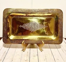 Beautiful Moroccan Brass Etching Rectangular Ornate Serving Tray Wall Hanging picture