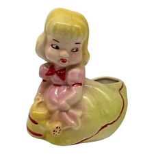 Vintage Ceramic Planter Little Girl Pink & Yellow Dress Holding Watering Can picture