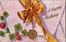 Vintage 1910 Embossed Birthday Postcard Gold Bow Clover Floral picture