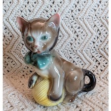 Vintage Royal Copley Cat with Ball of Yarn Ceramic Planter Brown Teal Bow picture