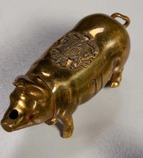 WWI Era Antique Brass Pig Matches Safe Vesta Holder British Royal Coast Of Arms picture