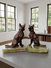 Antique Art Deco Bronze German Shepherd Dog Bookends Solid Green Onyx Base Heavy picture