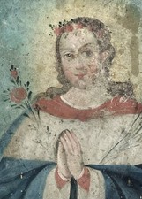 Devotional Antique Painting of Our Blessed Mother, Retablo, Religious Art picture