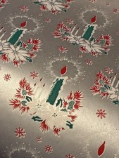VTG CHRISTMAS GIFT WRAP WRAPPING PAPER SILVER WITH RED WHITE GREEN CANDLES HALO picture