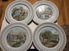 Set of 4 Seasons Scenic Decorative Collector Plates Round White Multicolor picture