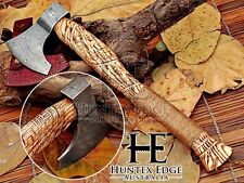 HUNTEX Handmade Forged Damascus Blade, Gorgeously Hand Carved Ash Wood Tomahawk picture