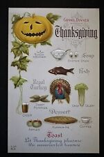 Thanksgiving Postcard~Grand Dinner~Menu-Food~Turkey~Fruit~ JOL Pumpkin~1910~k493 picture