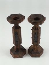 Retro Vintage 1970s Mediterranean Spanish Revival Wood Iron Candleholders picture