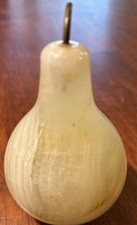 Vintage Polished Banded Onyx Stone Pear Paperweight Metal Stem Warm Yellow picture