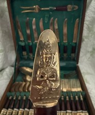Vintage S Samran Thailand Bronze Flatware Set Wood Case MCM Buddha 28 Piece picture