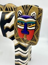 Painted Wood Cat Hand Carved Vintage Large 12” Laurel Burch Style Black White picture