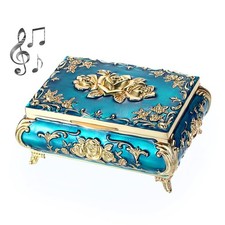 Vintage Music Box - Blue Metal Musical Jewelry Keepsake Trinket Storage Gift for picture