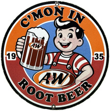 VINTAGE A & W ROOT BEER PORCELAIN SIGN C'MON IN 1935 BOY WITH MUGS SODA FOUNTAIN picture