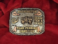 RODEO CHAMPION TROPHY PRO BELT BUCKLE  WASHINGTON TEAM PENNING☆VINTAGE☆RARE☆R88 picture