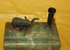 Vintage Green Marble Base Cast Metal Elephant Desktop Fountain Pen Holder  picture
