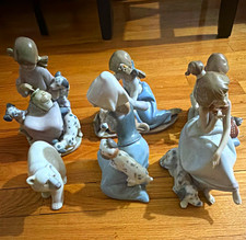 Lladró Porcelain Figurine Set of 6 Women w/ Dogs Spain 1987 Blue White picture