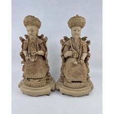 Vintage Chinese Emperor Empress Resin Statues Faux Carved Figurines Set of 2 picture