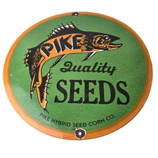 Vintage Pikes Quality Seeds Sign - Porcelain Farm Corn Plant Fish Gas Pump Sign picture