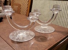 Pair of Vintage Clear Glass Etched Double Candle Candlestick Holders 5.5