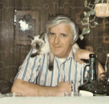 Vintage Photo Man with Siamese Cat on Shoulder Wood Paneled Home Snapshot 1970s picture