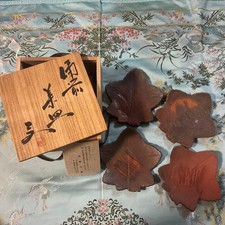 Bizen Ware Plates Set of 4 Leaf-shaped Ceramic Kutani Fumio Mitsuke Japan picture