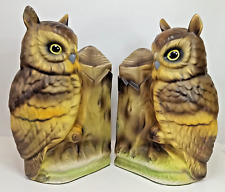 Vintage Pair Of Ceramic Horned Night Owl Bookends On Tree Stump 1980s 7” tall picture