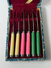 Vintage M.S. Co Japan Steak Knives Set 6 Color Handles Original Case MCM picture