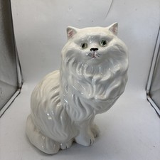 Vintage Handmade White Persian Cat Ceramic Statue Figurine Green Eyes 14x9x9” picture