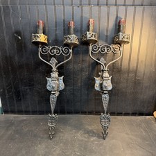 PAIR VINTAGE TUDOR CASTLE GOTHIC WALL SCONCES 26”x10.5”  picture