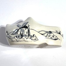 Vintage 1974 Delft Porcelain Clog Dutch Shoe Handmade Windmill Decor Cream Black picture