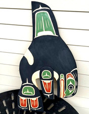 Northwest Coast Native Large Detailed Yellow Cedar Killer whale wall carving picture