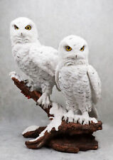 Mystical Two White Snowy Owl Couple Perching On Tree Branch Statue 12.25