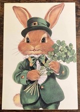 Bunny Green Suit Bouquet Shamrocks St. Patrick’s Day Postcard PC519 Ephemera picture