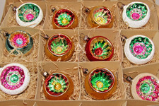 Lot VTG Glass Embossed FLOWER Indent Mica Small BALL Christmas Ornaments Poland picture