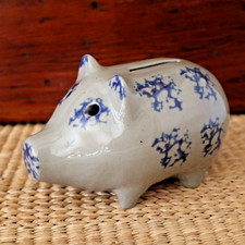 vtg BBP Beaumont Bros Pottery Piggy Bank Salt Glazed blue spongeware stoneware picture