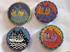 4 Vintage LAUREL BURCH Fantastic Feline Cat Face Coasters w/ Metal Stand Ganz picture