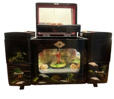 Vintage Japanese Black Lacquer Jewelry Box 1940’s Music Box Works Geisha Spins picture